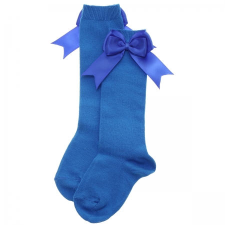 Royal Blue Knee High Double Bow Socks For Girls