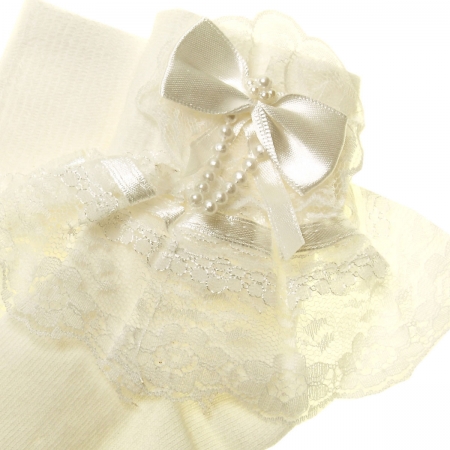 Girls Ivory Frilly Socks With Bows and Beads #2
