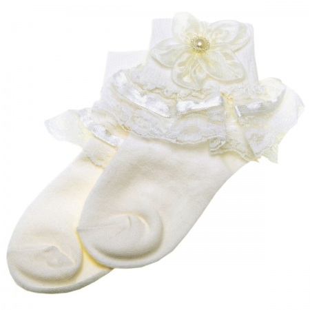 Girls Frilly Ivory Socks Ivory Lace And Flowers