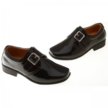 Velcro Fastening Buckle Decorated Boys Black Shoes In Patent #2
