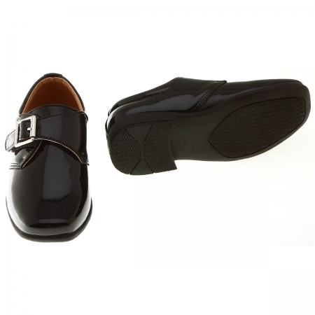 Velcro Fastening Buckle Decorated Boys Black Shoes In Patent #3