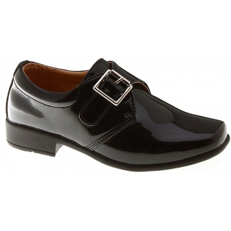 Velcro Fastening Buckle Decorated Boys Black Shoes In Patent