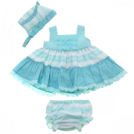 Dolce Petit Spring Summer Baby Girls Aqua Blue White Stripes Dress Bonnet Panty Set