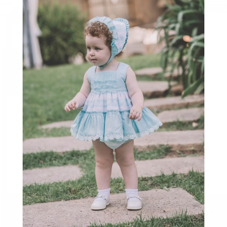 Dolce Petit Spring Summer Baby Girls Aqua Blue White Stripes Dress Bonnet Panty Set #2