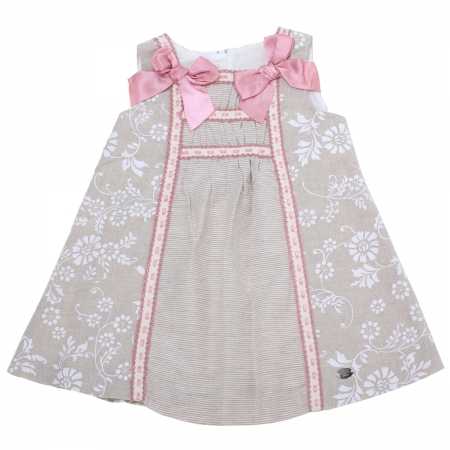 Dolce Petit Spring Summer Girls Dark Beige Floral Dress Pink Bows
