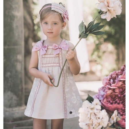 Dolce Petit Spring Summer Girls Dark Beige Floral Dress Pink Bows #2