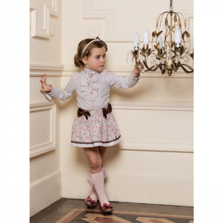 Dolce Petit Girls Light Grey Floral Blouse Pink Floral Skirt Set Chocco Bows 3 Years To 12 Years #2