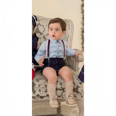 Dolce Petit Baby Boys Blue Shirt Navy Check Braces Shorts Set
