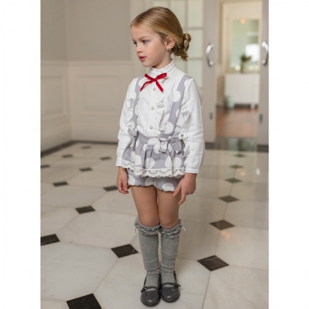 Dolce Petit Autumn Winter Girls White Blouse Grey Braces Shorts Set