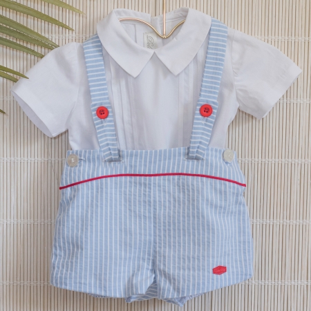 Dolce Petit Baby Boys White Shirt White Blue Stripes Braces Shorts Set