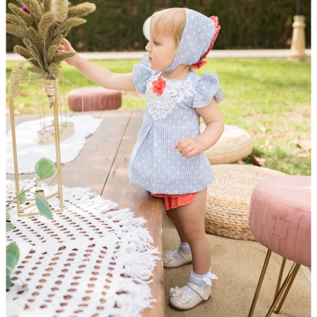 Dolce Petit Baby Girls Blue White Stripes Dress Panty White Lace Red Flower