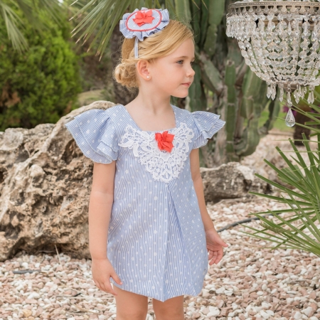 Dolce Petit Spring Summer Girls White Blue Stripes Dress White Appliques Red Flower