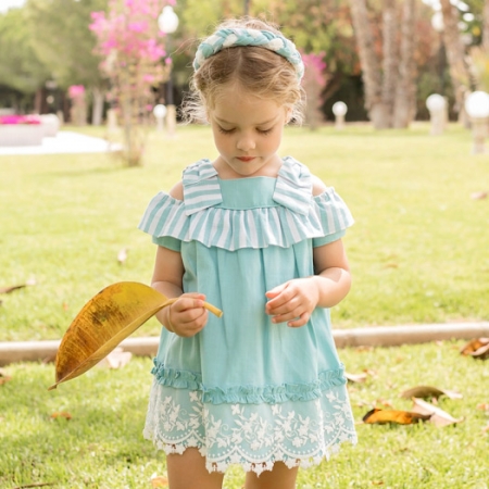 Dolce Petit Spring Summer Girls Aqua Blue White Lace Stripes Dress