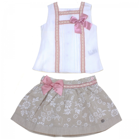 Dolce Petit Spring Summer Girls White Top Dark Beige Floral Skirt Pink Bows Set