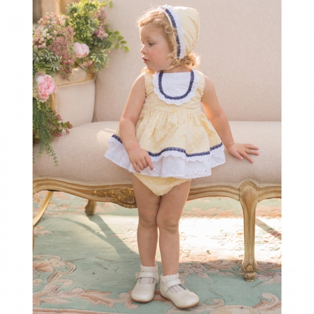 Dolce Petit Spring Summer Baby Girls Lemon White Dress Navy Lace Panties Bonnet Set