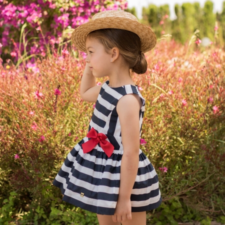 Dolce Petit Spring Summer Girls Navy Stripes Dress Red Bow