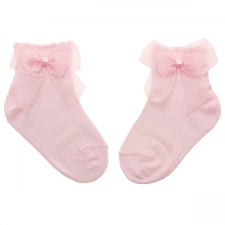 Baby Pink Ankle Socks With Organza Double Bow #3
