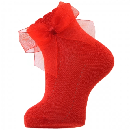 Spanish Dorian Gray Girls Red Ankle Socks With Organza Double Bow