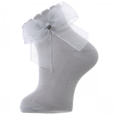 Spanish Dorian Gray Light Grey Ankle Socks With Organza Double Bow