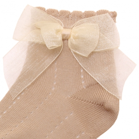 Dark Tan Colour Ankle Socks With Organza Double Bow #2