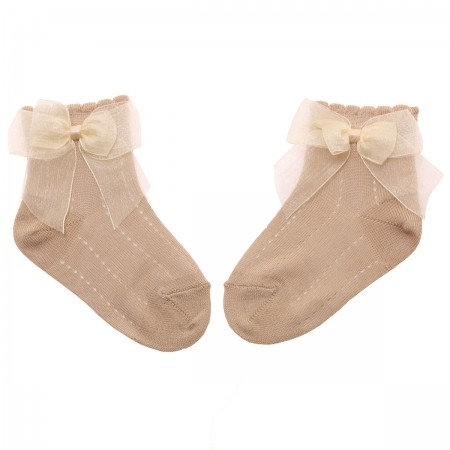 Dark Tan Colour Ankle Socks With Organza Double Bow #3