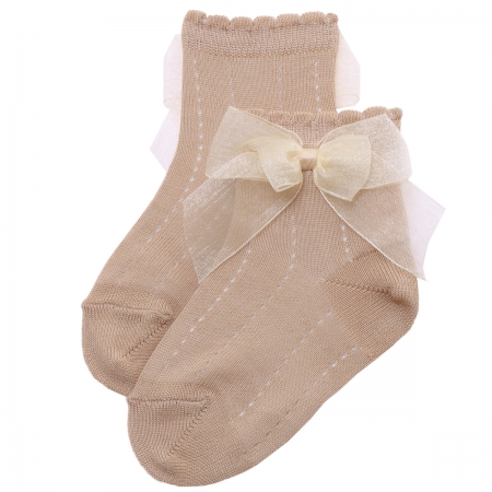 Dark Tan Colour Ankle Socks With Organza Double Bow #4