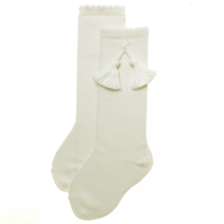 Knee High Ivory Cotton Tassels Socks