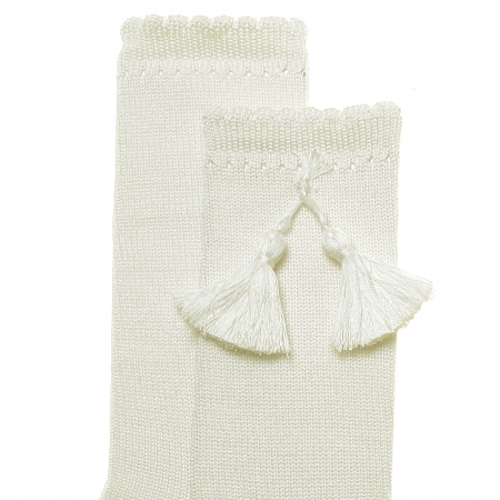 Knee High Ivory Cotton Tassels Socks #2