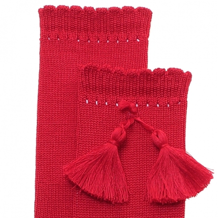 High Cotton Content Knee High Red Socks With Tassels #2