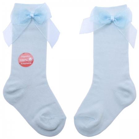 Spainish Dorian Gray Double Organza Bow Baby Blue Knee High Cotton Socks #3