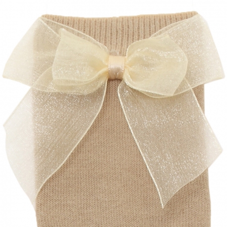 Spainish Dorian Gray Dark Tan Colour Knee High Socks With Organza Double Bow #2