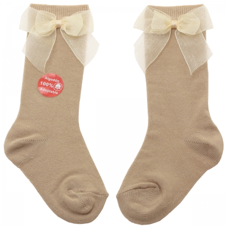Spainish Dorian Gray Dark Tan Colour Knee High Socks With Organza Double Bow #3