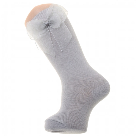Spainish Dorian Gray Organza Double Bow Cotton Knee High Socks Ice Grey Socks