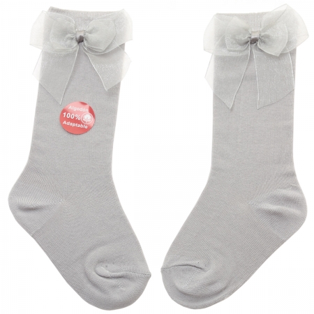 Organza Double Bow Cotton Knee High Socks Ice Grey Socks #3
