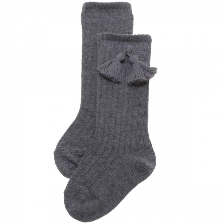 Grey Knee High Ribbed Socks With Tassels For Boys And Girls