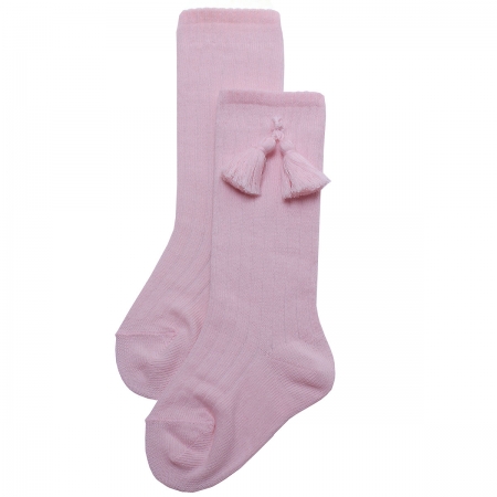 Pink Knee High Ribbed Socks With Tassels