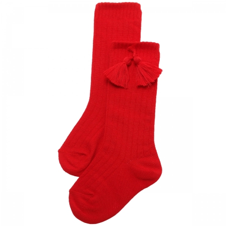 Red Knee High Ribbed Socks With Tassels