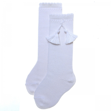 White Knee High Cotton Socks With Tassels