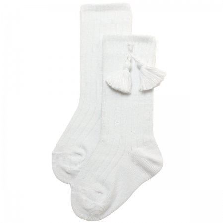 White Knee High Ribbed Socks With Tassels