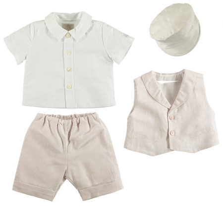 Emile Et Rose Baby Boys Ivory Beige Linen Waistcoat Set With Hat