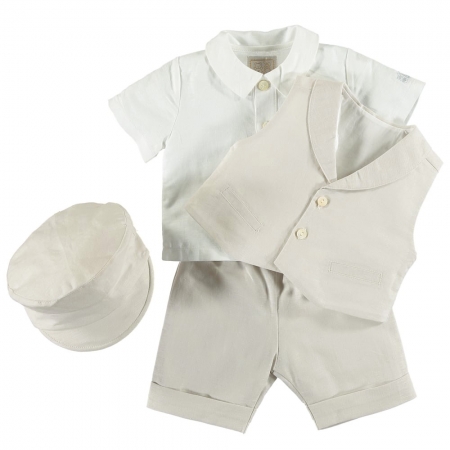 Emile Et Rose Baby Boys Ivory Beige Linen Waistcoat Set With Hat #2