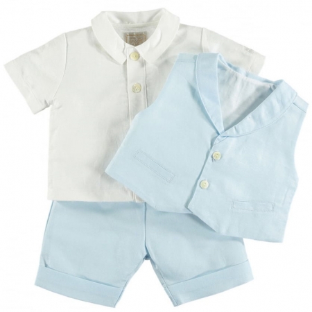 Emile Et Rose Baby Boys White Blue Linen Waistcoat Set With Hat #2
