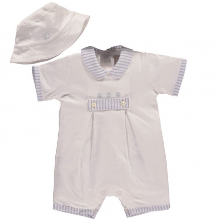 Emile Et Rose Baby Boys White Blue Comfy Jersey Romper With Hat