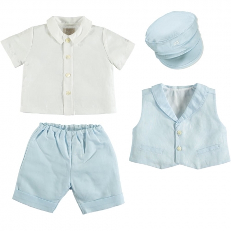 Emile Et Rose Baby Boys White Blue Linen Waistcoat Set With Hat
