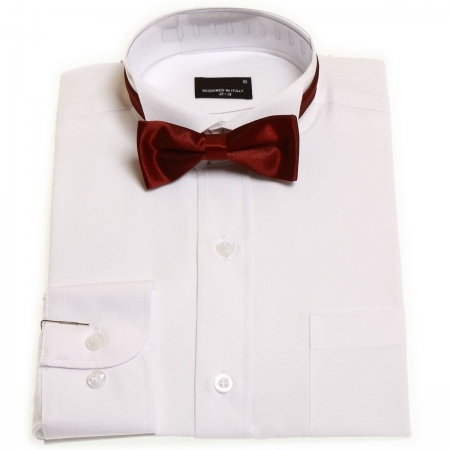 Boys wing collar shirt in white with burgundy bow tie