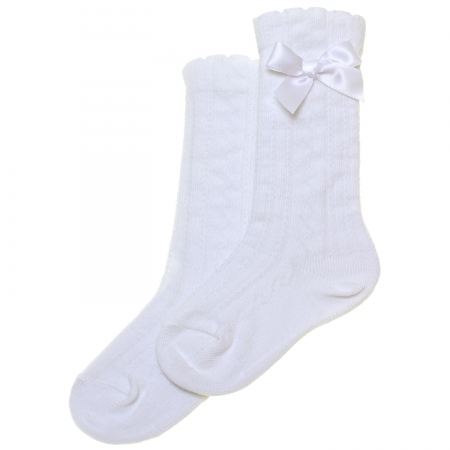 White Knee High Bow Socks Scallop Edge Cotton Rich