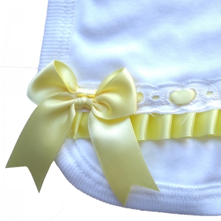 Made in England Baby Girls Soft Cotton White Bib With Lemon Yellow Bows #2