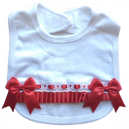 Made in England Baby Girls Soft Cotton White Bib With Red Bows