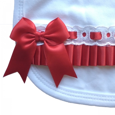Made in England Baby Girls Soft Cotton White Bib With Red Bows #2