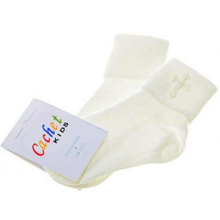 Baby christening socks with a cross ivory